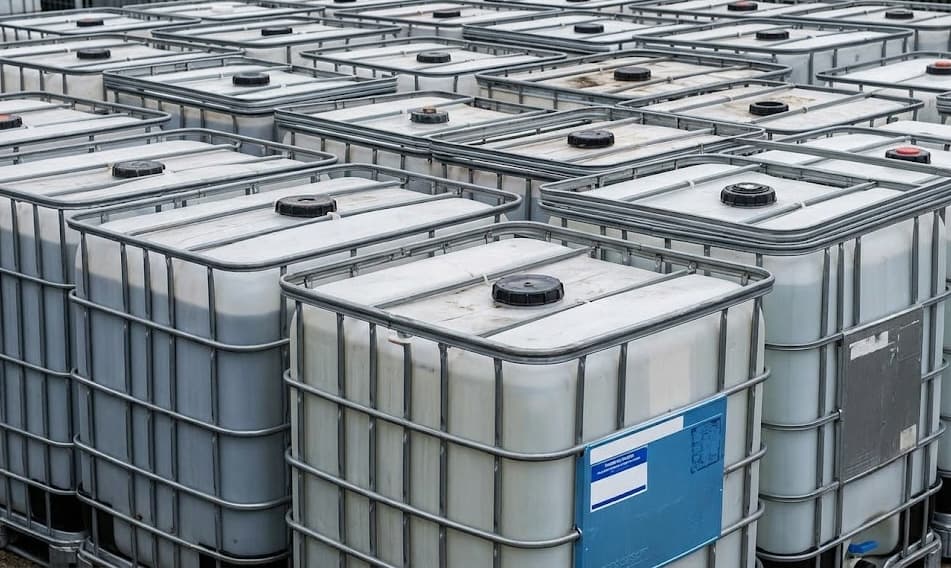 Outbound-staged IBC totes at the IBC Columbus yard — caps and cage tops viewed from above.